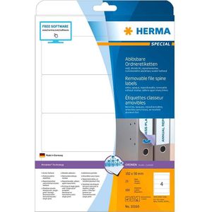 HERMA 10160 A4 afneembaar, kort/ras (192 x 59 mm, 25 vellen, papier, mat) zelfklevend, bedrukbaar, verwijderbaar en opnieuw klevende mapetikettes, 100 etiketten voor printer, wit