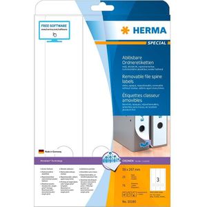 HERMA 10180 A4 afneembaar, ras/lang (59 x 297 mm, 25 vellen, papier, mat) zelfklevend, bedrukbaar, verwijderbaar en opnieuw klevende mapetikettes, 75 etiketten voor printer, wit