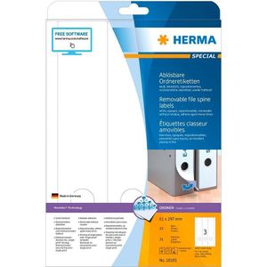 HERMA 10185 A4 afneembaar, ras/lang (61 x 297 mm, 25 velles, papier, mat) zelfklevend, bedrukbaar, verwijderbaar en opnieuw klevende mapetikettes, 75 etiketten voor printer, wit