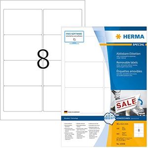 HERMA 10308 universele etiketten A4 afneembaar (96 x 63,5 mm, 100 velles, papier, mat) zelfklevend, bedrukbaar, verwijderbaar en opnieuw klevende etiketten, 800 etiketten voor printer, wit
