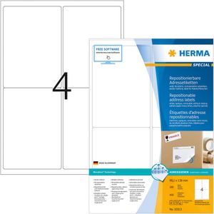 HERMA 10313 adreslabels A4 afneembaar (99,1 x 139 mm, 100 velles, papier, mat) zelfklevend, bedrukbaar, verwijderbaar en opnieuw klevende etiketten, 400 etiketten voor printer, wit
