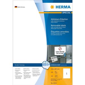 HERMA 10315 universele etiketten A4 afneembaar (210 x 297 mm, 100 velles, papier, mat) zelfklevend, bedrukbaar, verwijderbaar en opnieuw klevende etiketten, 100 etiketten voor printer, wit