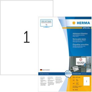 HERMA 10315 universele etiketten A4 afneembaar (210 x 297 mm, 100 velles, papier, mat) zelfklevend, bedrukbaar, verwijderbaar en opnieuw klevende etiketten, 100 etiketten voor printer, wit