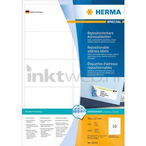 HERMA 10316 adreslabels A4 afneembaar (99,1 x 57 mm, 100 velles, papier, mat) zelfklevend, bedrukbaar, verwijderbaar en opnieuw klevende etiketten, 1.000 etiketten voor printer, wit
