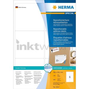 HERMA 10317 adreslabels A4 afneembaar (99,1 x 93,1 mm, 100 vellen, papier, mat) zelfklevend, bedrukbaar, verwijderbaar en opnieuw klevende etiketten, 600 etiketten voor printer, wit