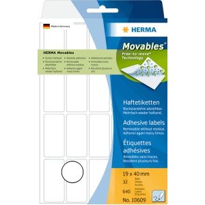 HERMA 10609 multifunctionele etiketten afneembaar (19 x 40 mm, 32 velles, papier, mat) zelfklevend, huishoudelabels voor handschrift, 640 etiketten voor printer, wit