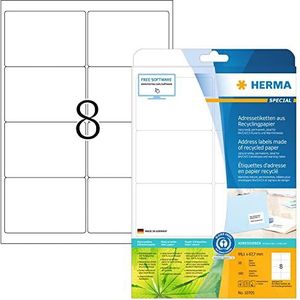 HERMA 10705 Recycling etiketten, 20 vellen, 99,1 x 67,7 mm, 8 per A4 vellen, 160 stuks, zelfklevend, bedrukbaar, mat, blanco gerecycled papier, zelfklevende etiketten, stickers, natuurlijk wit