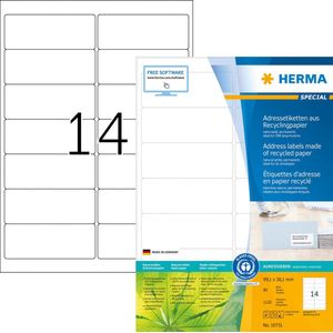 HERMA 10731 Recycling etiketten, 80 vellen, 99,1 x 38,1 mm, 14 per A4-vel, 1120 stuks, zelfklevend, bedrukbaar, mat, blanco gerecycled papier, zelfklevende etiketten, stickers, natuurlijk wit