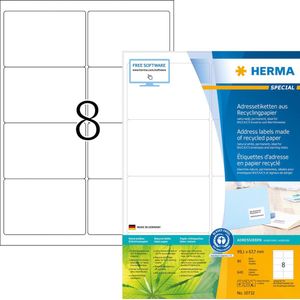 HERMA 10732 gerecyclede etiketten DIN A4 (99,1 x 67,7 mm, 80 vellen gerecycled papier, mat) zelfklevend, bedrukbaar, permanent zelfklevend, 640 zelfklevende etiketten, natuurlijk wit