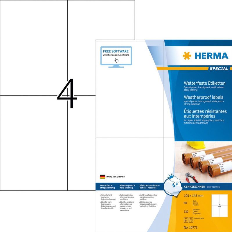 HERMA - 10773 - Etiketten - Wit - 105x148mm - 320 Stuks - Weerbestendig