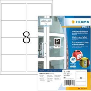 HERMA 80 vellen waterdichte etiketten, weerbestendig, 99,1 x 67,7 mm, 8 stuks per A4-vel, 640 stickers, bedrukbaar, mat, blanco speciaal papier, 10793