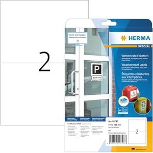 HERMA 20 vellen waterdichte etiketten, weerbestendig, 210 x 148 mm, 2 stuks per A4-vel, 40 stickers, bedrukbaar, mat, blanco speciaal papier, wit, 20 vellen