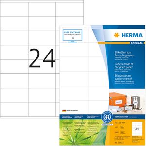 HERMA 10823 gerecyclede etiketten A4 (70 x 36 mm, 100 velles, gerecycled papier) zelfklevend, bedrukbaar, permanente klevende adreslabels, 2400 etiketten voor printer, wit