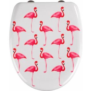 Wenko - Premium WC-Sitz Flamingo, aus antibakteriellem Duroplast, mit Absenkautomatik, Mehrfarbig, Duroplast mehrfarbig , Edelstahl rostfrei silber