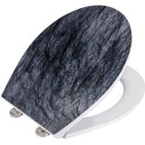 Wc-bril Slate Rock, robuuste toiletbril van antibacterieel duroplast met softclosemechanisme en roestvrijstalen Fix-clip, hygiënische bevestiging, wc-deksel met reliëfoppervlak, 38 x 44,5 cm