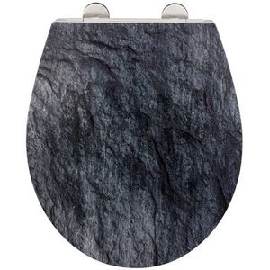 Wc-bril Slate Rock, robuuste toiletbril van antibacterieel duroplast met softclosemechanisme en roestvrijstalen Fix-clip, hygiënische bevestiging, wc-deksel met reliëfoppervlak, 38 x 44,5 cm