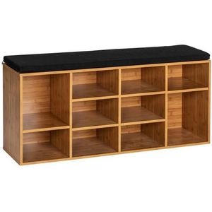 WENKO Loft Schoenbank met zitkussen, schoenenrek in fabriekflair met zitvlak voor maximaal 10 paar schoenen, moderne schoenenkast & zitbank van MDF in bamboe-look, 103 x 48 x 29,5 cm, zwart/naturel