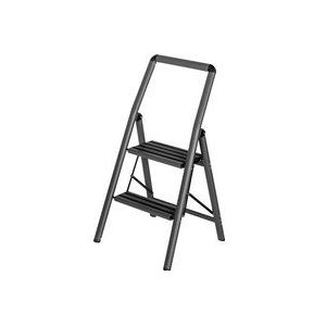 WENKO Aluminium ladder Compact, lichte opstapladder met inklinkende veiligheidsbeugel & handgreep, 2 antislip treden voor 44 cm hogere stand, 3,05 kg, 45,5 x 91,5 x 6 cm, donkergrijs