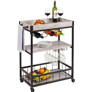 WENKO Rustico keuken trolley, 3 planken, veelzijdige serveerwagen met 4 wielen, kookeiland met wijnglashouder & flessenhouder, 80 x 89,5 x 40 cm, trolley van gelakt metaal en MDF, beton/zwart