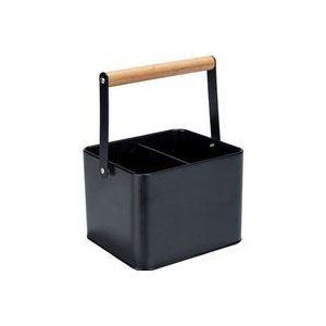 WENKO Baco gebruiksvoorwerpenmand, accessoires Black Outdoor Kitchen, robuuste transportmand, zwart gepoedercoat metaal, flexibele houten handgrepen, voor het vervoer van sauzen, 18 x 25,5 x 15 cm