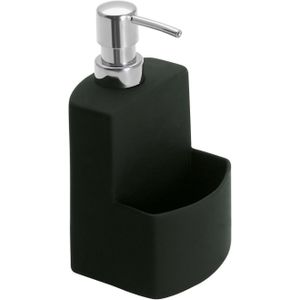 WENKO Afwasmiddeldispenser Festival, zeepdispenser voor de keuken, hoogwaardige keramiek met een softtouchoppervlak, met een extra vak voor de afwasspons, inhoud 380 ml, 10 × 18 × 10 cm, zwart