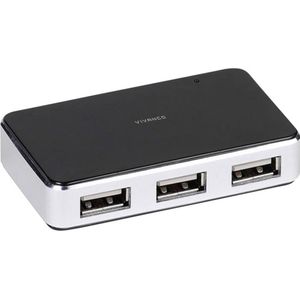 Vivanco - USB 2.0 HUB - 4-Poorts Actief - Zwart/Zilver - Metalen Behuizing, Inclusief Voeding