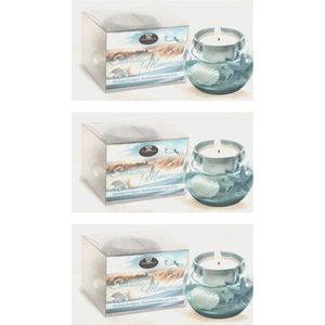 Set van 3 theelichthouders - Seaside Memories - handmade - zand / zee - lichtblauw