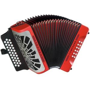 Accordeon diatknoppen Hohner chromatische pianoaccordeon Compaddy FBBEB rood zilver grill.