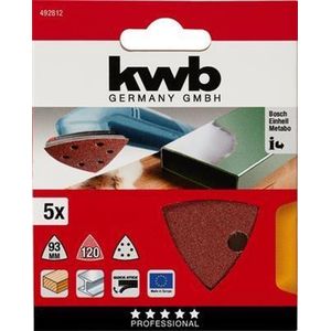 kwb Schuurdriehoeken 93 mm van korund met korrel 120, zonder gereedschap te wisselen, kunsthars-verlijming en versterkte papierdrager voor het middelfijn slijpen van hout en metaal
