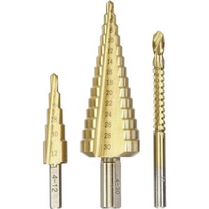 kwb Trappenboor, 3-delige set met freesboor, 1 x 4-12 mm, 1 x 4-30 mm, 1 x 6 mm, oppervlak titanium genitreerd