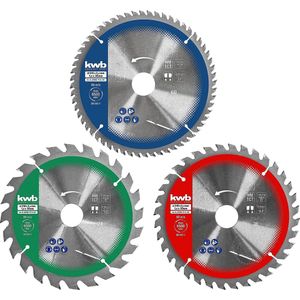 kwb cirkelzaagbladenset 210 x 30/20/16 mm voor cirkelzagen of tafelzagen, voor panelen en houten bouwmaterialen, inclusief verloopringen op 16 en 20 mm
