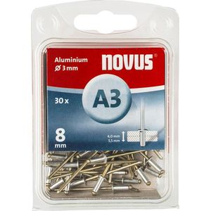 Novus Aluminium blindklinknagels 8 mm, 30 klinknagels, Ø 3 mm, 4,0-5,5 mm klemlengte, voor niet-ijzer metaal, kunststof, stoffen