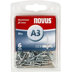 Novus Aluminium blinde klinknagels 6 mm, 70 klinknagels, Ø 3 mm, 2,5-3,5 mm klemlengte, voor bevestiging van stoffen en leer.