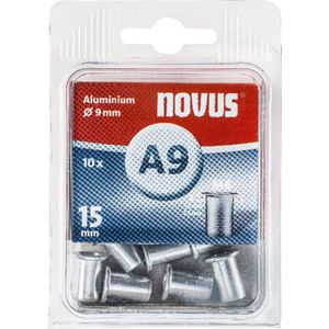 Novus blindklinkmoer Ø9 mm aluminium, M6 schroefdraad, 15 mm lengte, 10x klinkmoer, voor kunststof en lichtgewicht bouwmateriaal