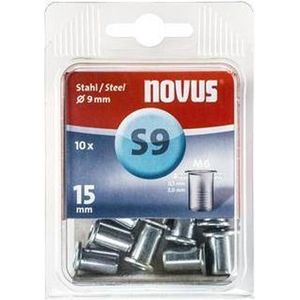 Novus Stalen blindklinkmoer 15 mm, M6 schroefdraad, 10 klinkmoeren, Ø 9 mm, 0,5-2,0 mm klemlengte, voor plaatstaal, 10 stuks