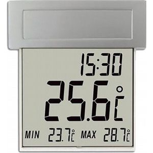 TFA Dostmann Vision Solar Digitale raamthermometer, 30.1035, groot display met buitentemperatuur, zilver, grijs