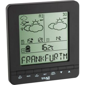 TFA Dostmann Meteotime Easy Weer Info Center, professionele weersvoorspelling, tekstdisplay met kritieke weersomstandigheden, regenwaarschijnlijkheid, windkracht, binnen- en buitentemperatuur