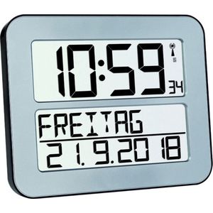 TFA Dostmann 60.4512.54 Klok Digitaal Zendergestuurd 7 talen Tweede tijd Alarm Snooze LCD Zilverkleurig