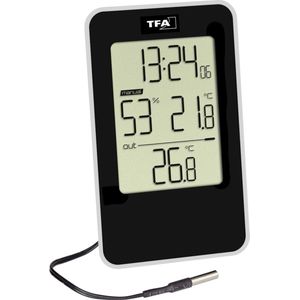 TFA Dostmann digitale thermo-hygrometer, 30.5048.01, met tijd, temperatuur binnen en buiten, met waterdichte kabelsensor, ideaal voor koelkast, diepvriezer, aquarium of buitentemperatuur, zwart