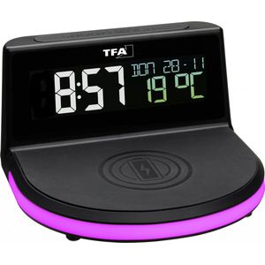 TFA Dostmann Charge-IT 60.2028.01 Digitale draadloze wekker met draadloos laadstation (Qi) voor smartphones, met datum en kamertemperatuur, kleurendisplay, alarm met sluimerfunctie, zwart