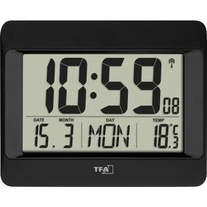 TFA Dostmann zendergestuurde wandklok met binnentemperatuur, 60.4519.01, alarm met snooze functie, datum + weekdag (8 talen), om op te hangen of neer te zetten, zwart, (L)215 x (B)26 (68) x (H)160 mm