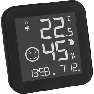 TFA Dostmann 30.5054.01 digitale hygrometer thermometer zwart-wit met E-Ink-display, binnentemperatuur, vochtigheid, max min-waarden, tijd en datum, zwart