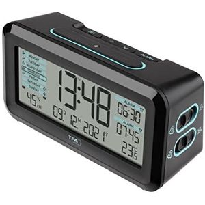 TFA Dostmann Boxx2 Digitale radiowekker, 60.2562.01.GB, met batterij, 2 uur alarm, Engels display, met thermo-hygrometer, zwart-turquoise, (L) 138 x (B) 52 x (H) 72 mm