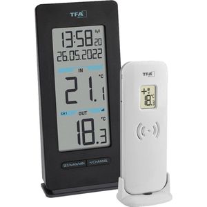 TFA Dostmann draadloze thermometer Buddy, 30.3072.01, buitentemperatuur en binnentemperatuur, max.- en min.-waarden, tijd en datum, achtergrondverlichting, zwart, (L) 69 x (B) 30 x (H) 150 mm
