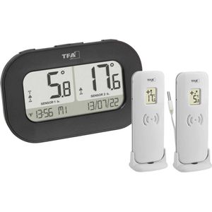 TFA Dostmann Digitale draadloze thermometer Double-Check, 30.3073.01, met 2 zenders (temperatuurzender + waterdichte kabelsonde), max.-min. waarden, temperatuuralarm met registratie, klok, zwart