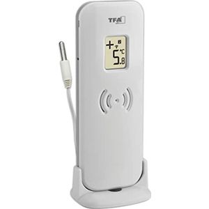 TFA Dostmann Temperatuurzender, 30.3255.02, met waterdichte kabelsensor voor TFA draadloze weerstations/thermometer, kanaal 1-3, wit