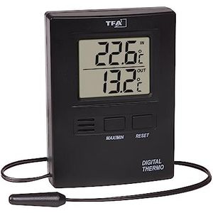 TFA Dostmann digitale thermometer voor binnen en buiten, 30.1012.01, waterdichte kabelsensor, maximum-en minimum-waarden, binnen- en buitentemperatuur, Amazon exclusief, 8,5 cm hoog, zwart