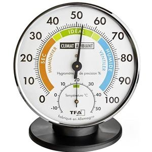 TFA Dostmann Precisie thermo-hygrometer in het Frans, 45.2033.FR voor controle van het binnenklimaat, analoog, temperatuur-/vochtigheidsregeling, zilver/zwart