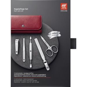 ZWILLING Manicureset (5-delig, pedicureset op reisformaat, met nagelknipper, etui van echt leer), gepolijst roestvrij staal, rood