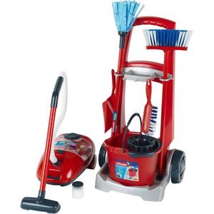 Vileda - Speelgoed Stofzuiger en Schoonmaakkar - Rood - Inclusief Bezem Mop Emmer